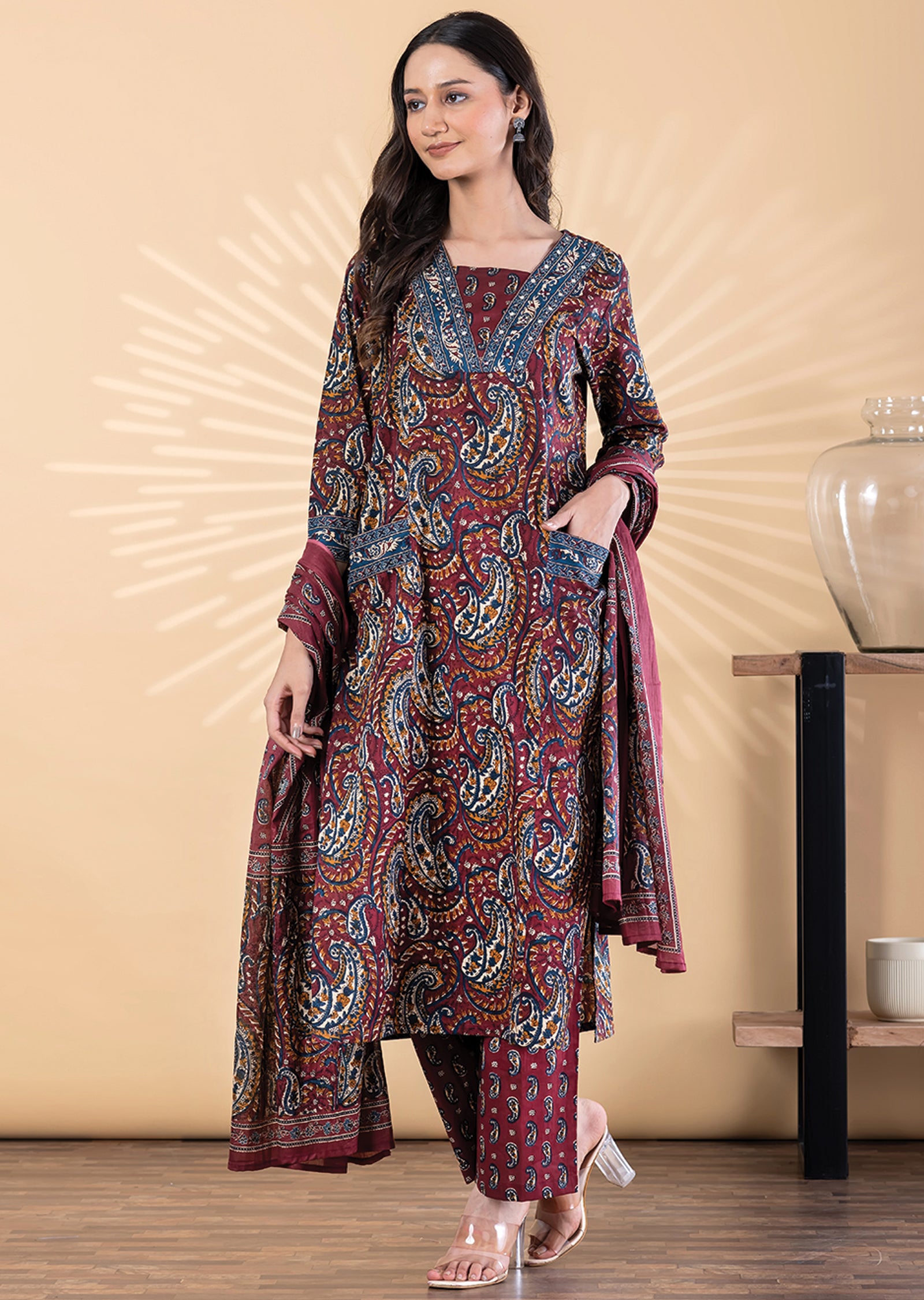 Maroon Cotton Straight cut suit