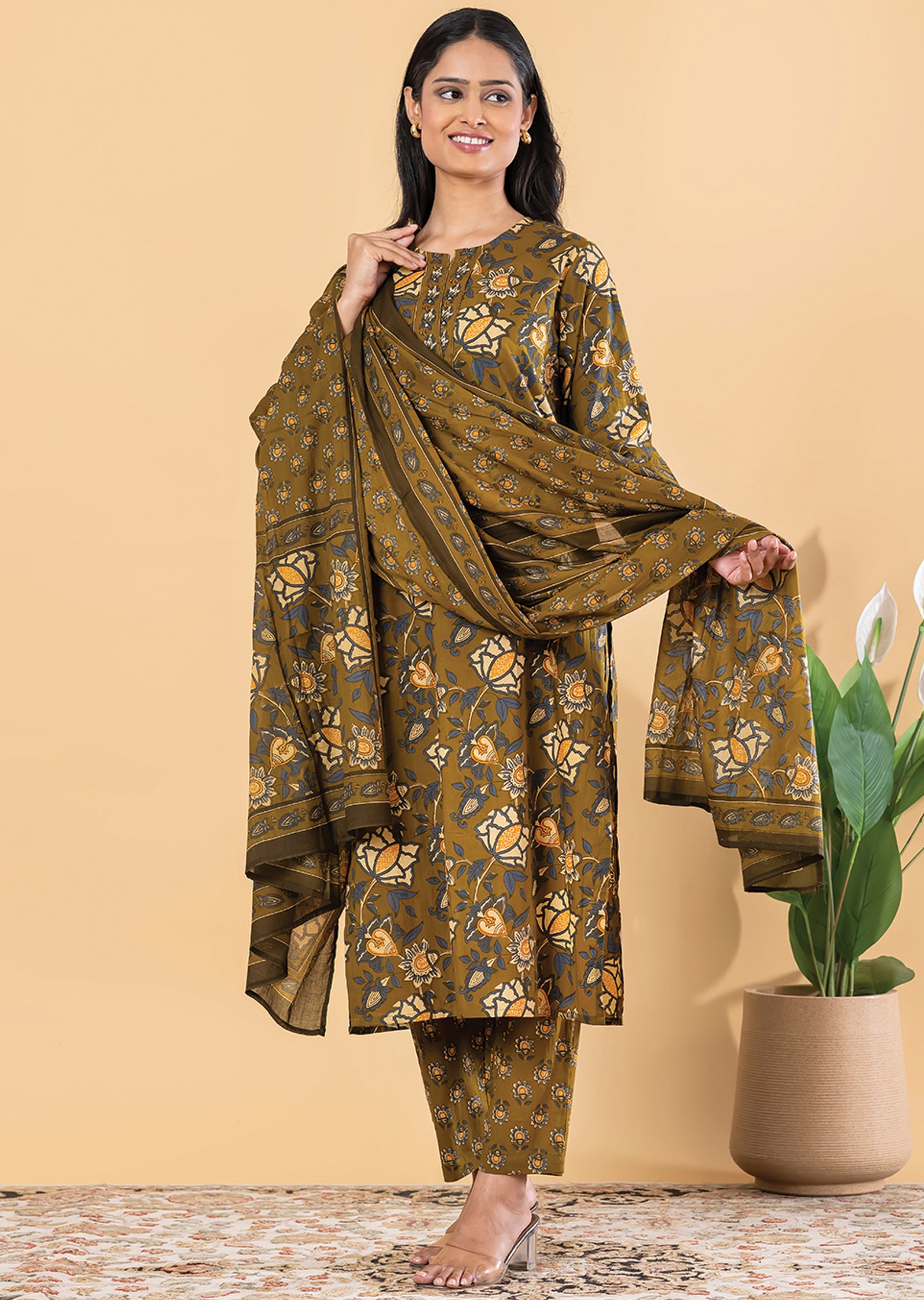 Mehndi Green Cotton Straight cut suit