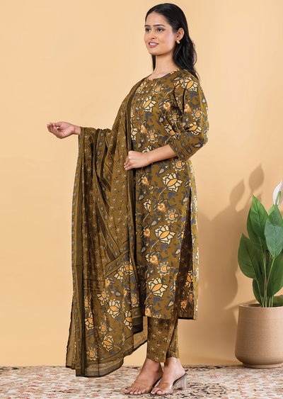Mehndi Green Cotton Straight cut suit