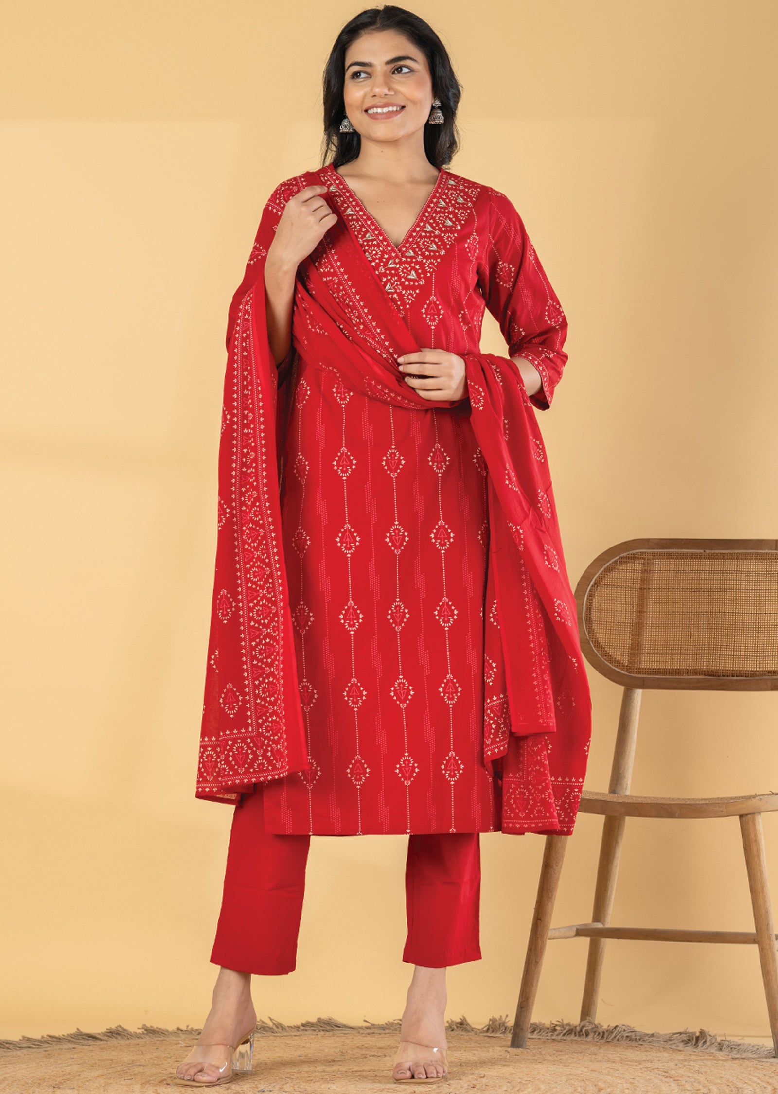 Red Cotton Straight cut suit
