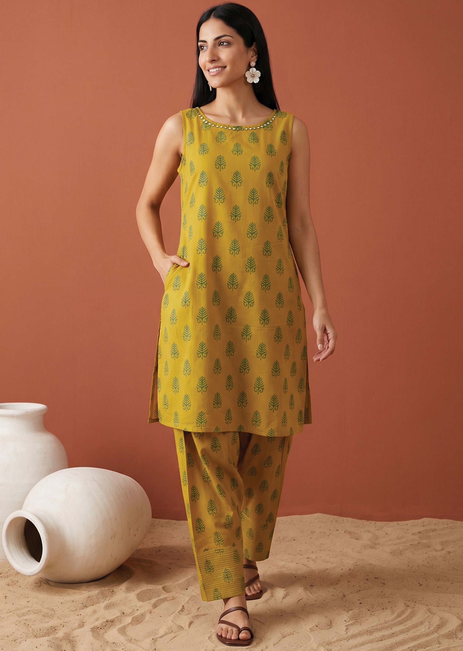 Mehndi Green Cotton Straight cut Kurti set