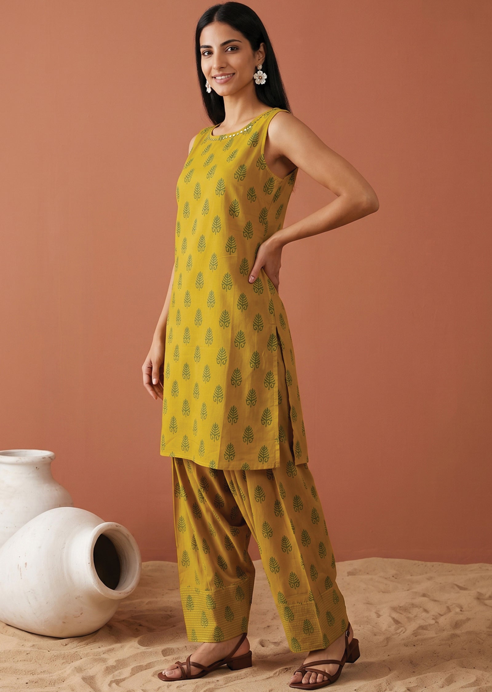 Mehndi Green Cotton Straight cut Kurti set