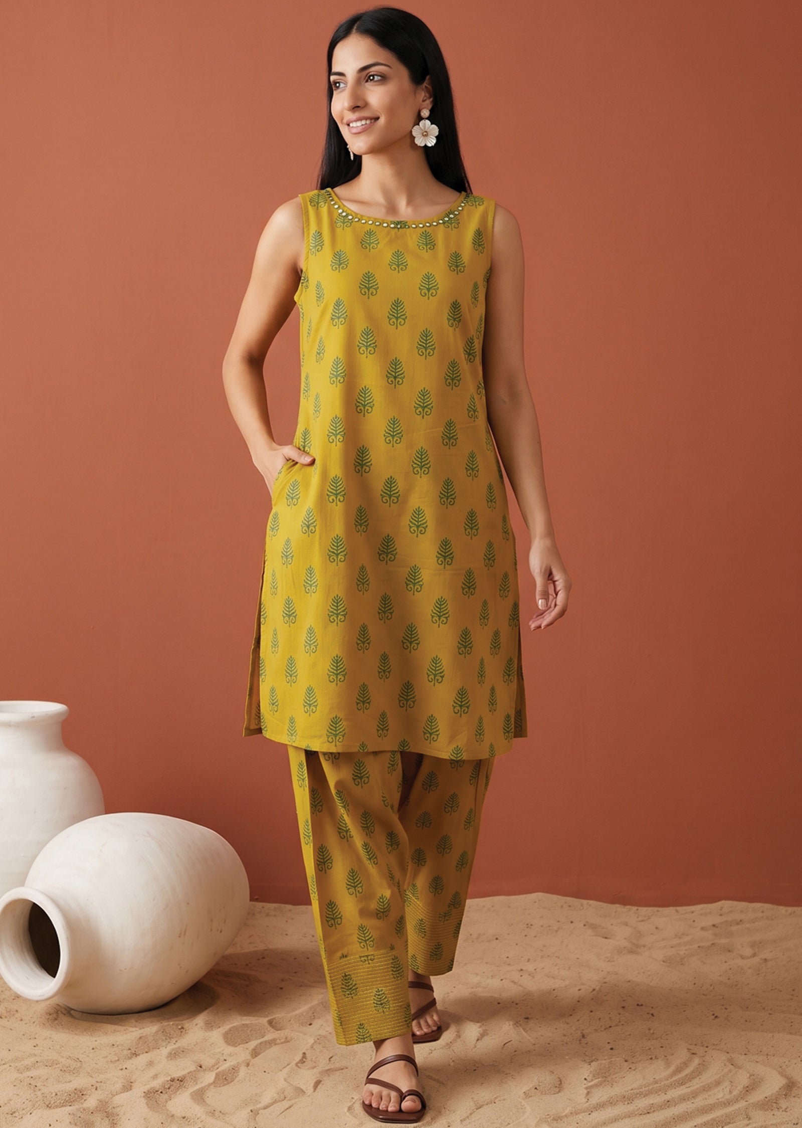 Mehndi Green Cotton Straight cut Kurti set