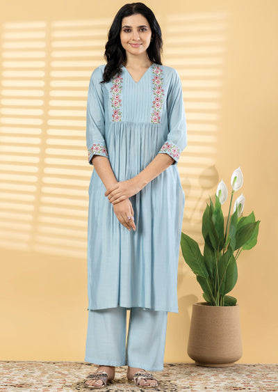 Dusty Blue Dola Silk Straight cut Kurti set