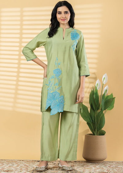 Pista Green Dola Silk Straight cut Kurti set