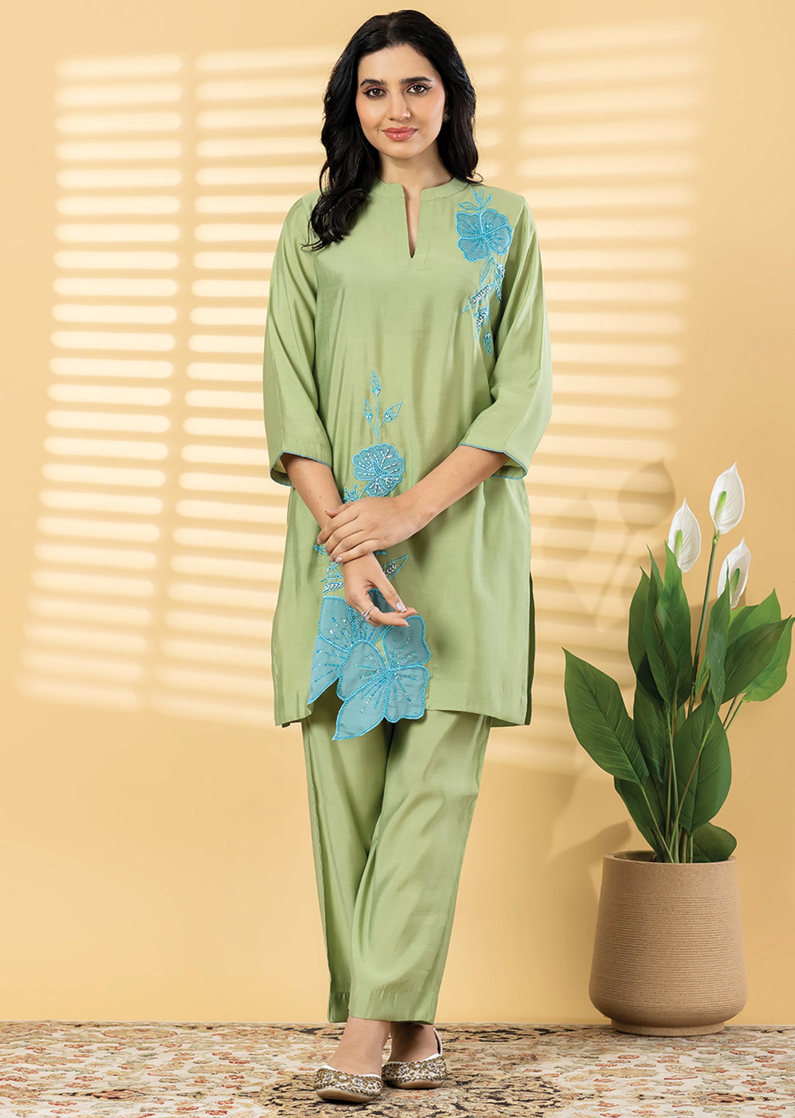 Pista Green Dola Silk Straight cut Kurti set