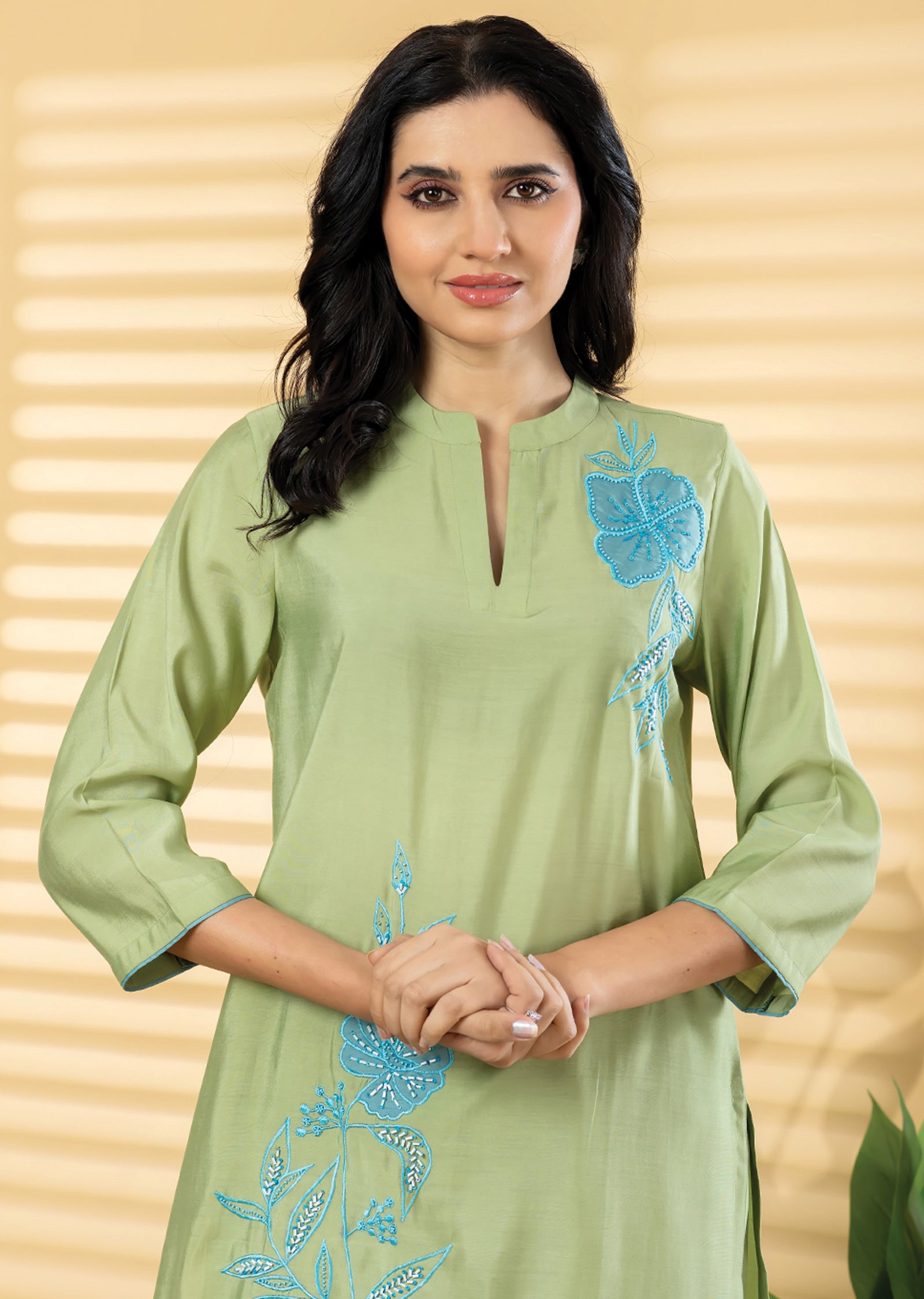 Pista Green Dola Silk Straight cut Kurti set