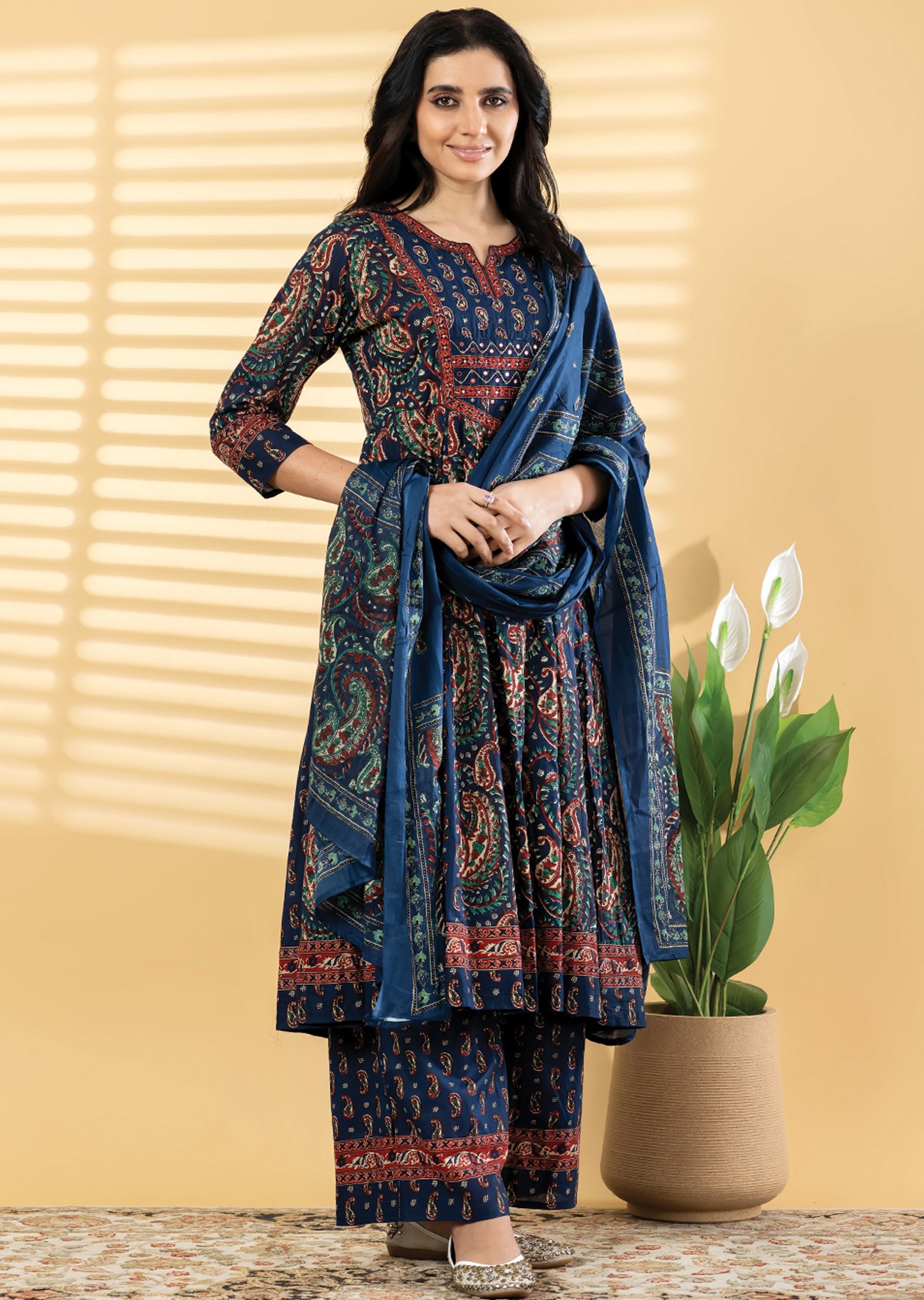 Navy Blue Cotton Anarkali Suit