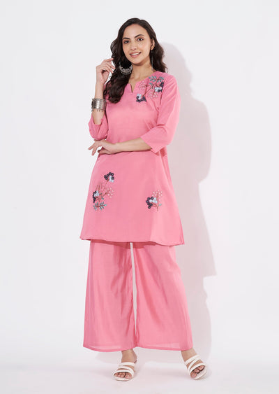 Dark Pink Russian Silk Straight cut Kurti set