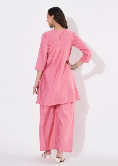 Dark Pink Russian Silk Straight cut Kurti set