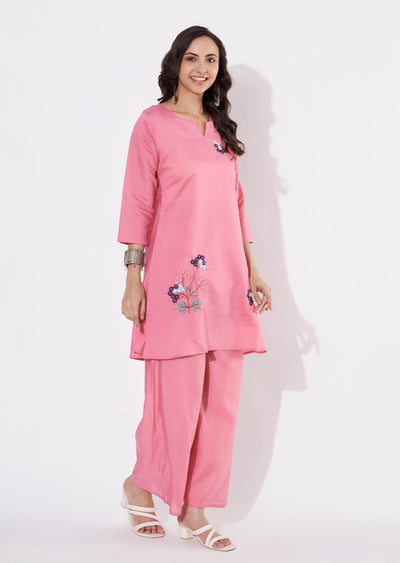 Dark Pink Russian Silk Straight cut Kurti set