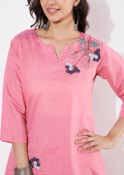 Dark Pink Russian Silk Straight cut Kurti set