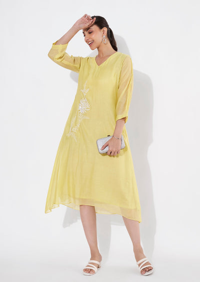Lime Green Mul Chanderi Frock style kurti