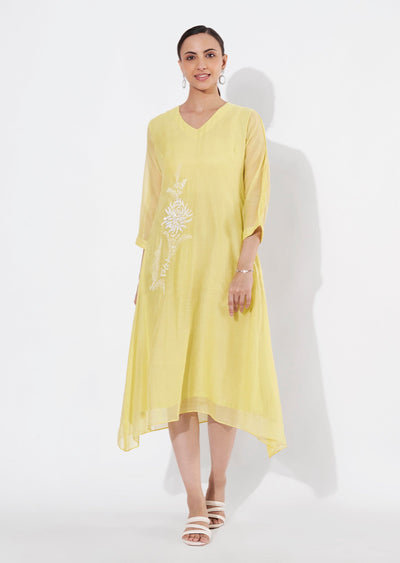 Lime Green Mul Chanderi Frock style kurti