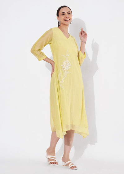 Lime Green Mul Chanderi Frock style kurti