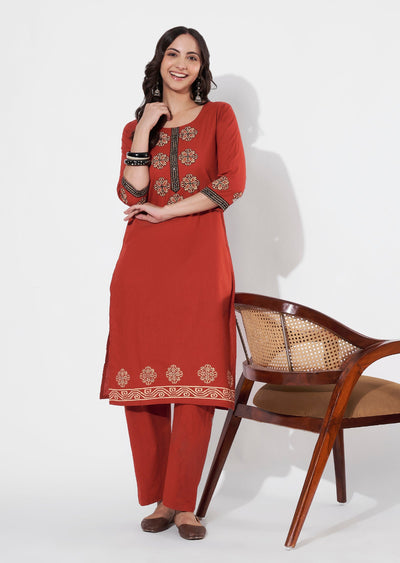 Dark Rust Cotton Straight cut Kurti set