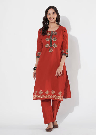 Dark Rust Cotton Straight cut Kurti set