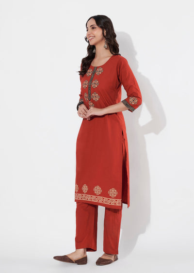Dark Rust Cotton Straight cut Kurti set