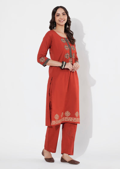 Dark Rust Cotton Straight cut Kurti set