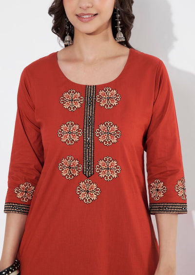 Dark Rust Cotton Straight cut Kurti set