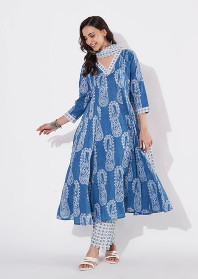 Blue Cotton Anarkali suit