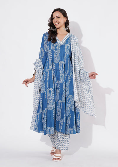 Blue Cotton Anarkali suit