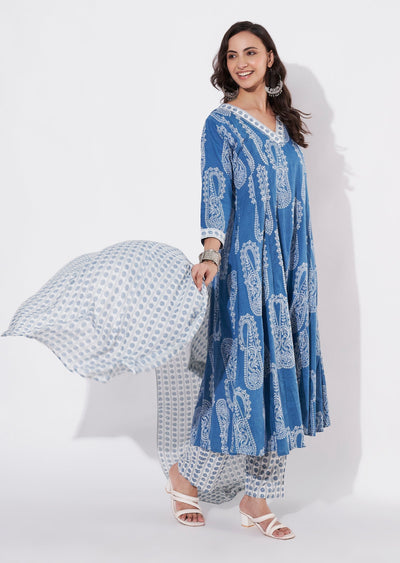 Blue Cotton Anarkali suit