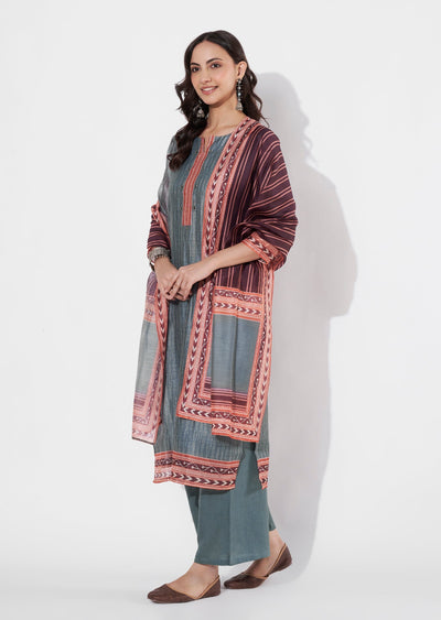 Grey Chanderi Straight cut suit