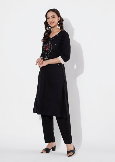Black Cotton Straight cut Kurti set