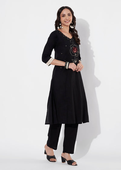 Black Cotton Straight cut Kurti set