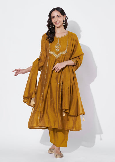 Dark Mustard Mul Chanderi Anarkali suit
