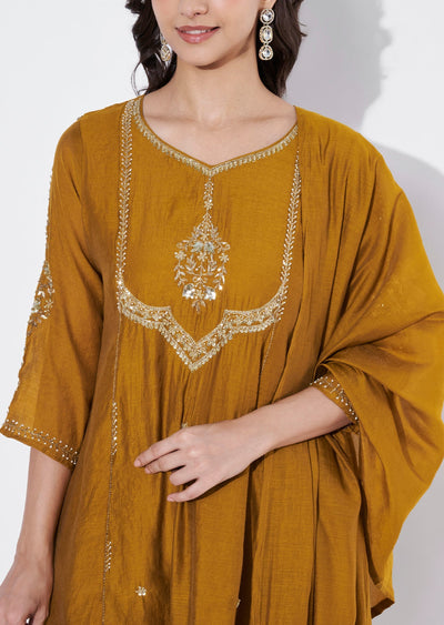Dark Mustard Mul Chanderi Anarkali suit