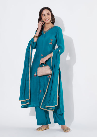 Rama Green Mul Chanderi Anarkali suit