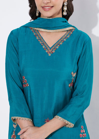 Rama Green Mul Chanderi Anarkali suit