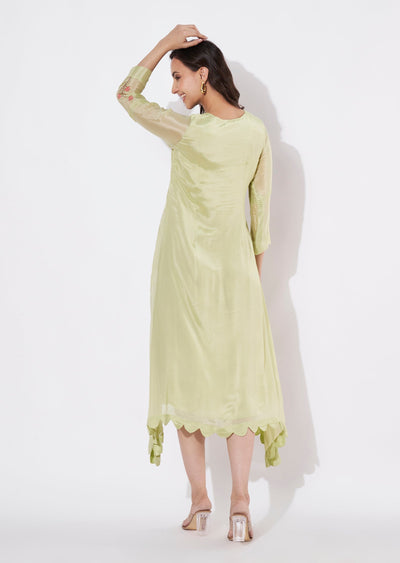 Pista Green Chinnon Frock style kurti