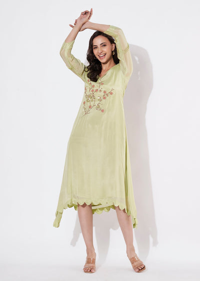 Pista Green Chinnon Frock style kurti