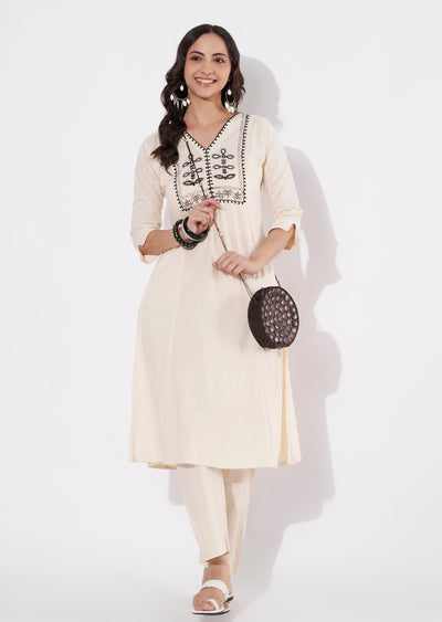 Beige Cotton Straight cut Kurti set