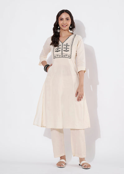Beige Cotton Straight cut Kurti set