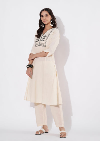 Beige Cotton Straight cut Kurti set
