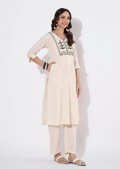 Beige Cotton Straight cut Kurti set