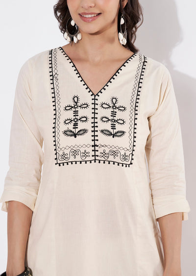 Beige Cotton Straight cut Kurti set