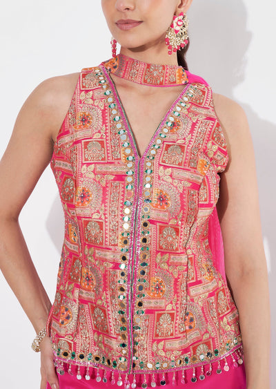 Pink Banaras Silk Peplum Set