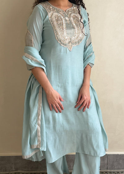dusty Blue Mul Chanderi Anarkali Suit