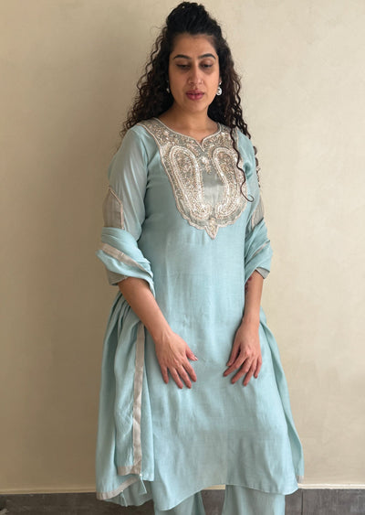 dusty Blue Mul Chanderi Anarkali Suit