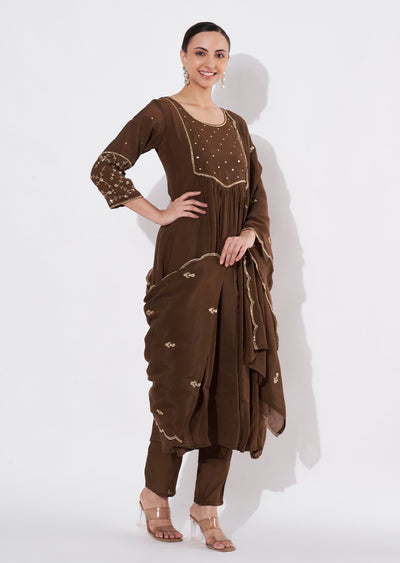 Brown Mul Chanderi Anarkali suit