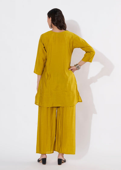 Mustard Russian Silk Straight cut Kurti set