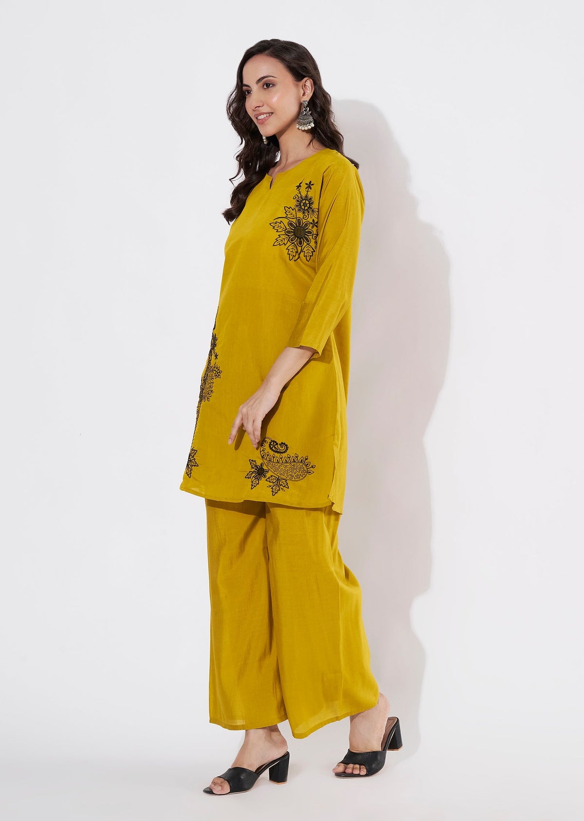 Mustard Russian Silk Straight cut Kurti set