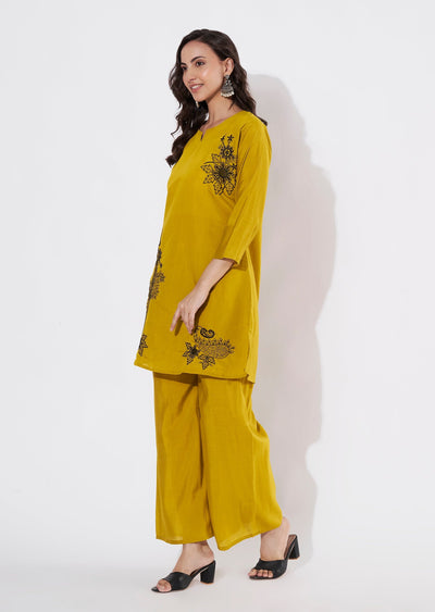 Mustard Russian Silk Straight cut Kurti set