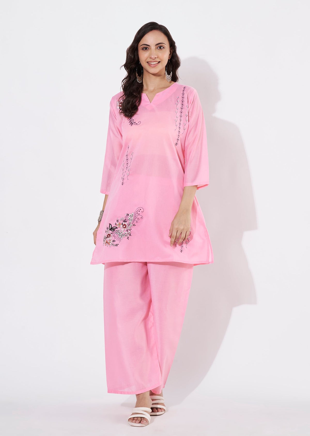 Baby Pink Russian Silk Straight cut Kurti set