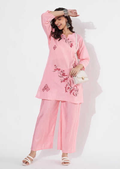Pink Russian Silk Straight cut Kurti set